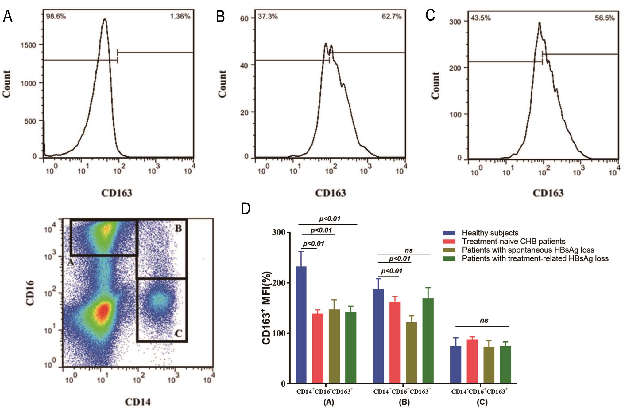 Mean fluorescence intensity (MFI) of CD163 expression on monocytes subsets. Gating of monocyte/macrophage subsets by CD14 and CD16 expression.