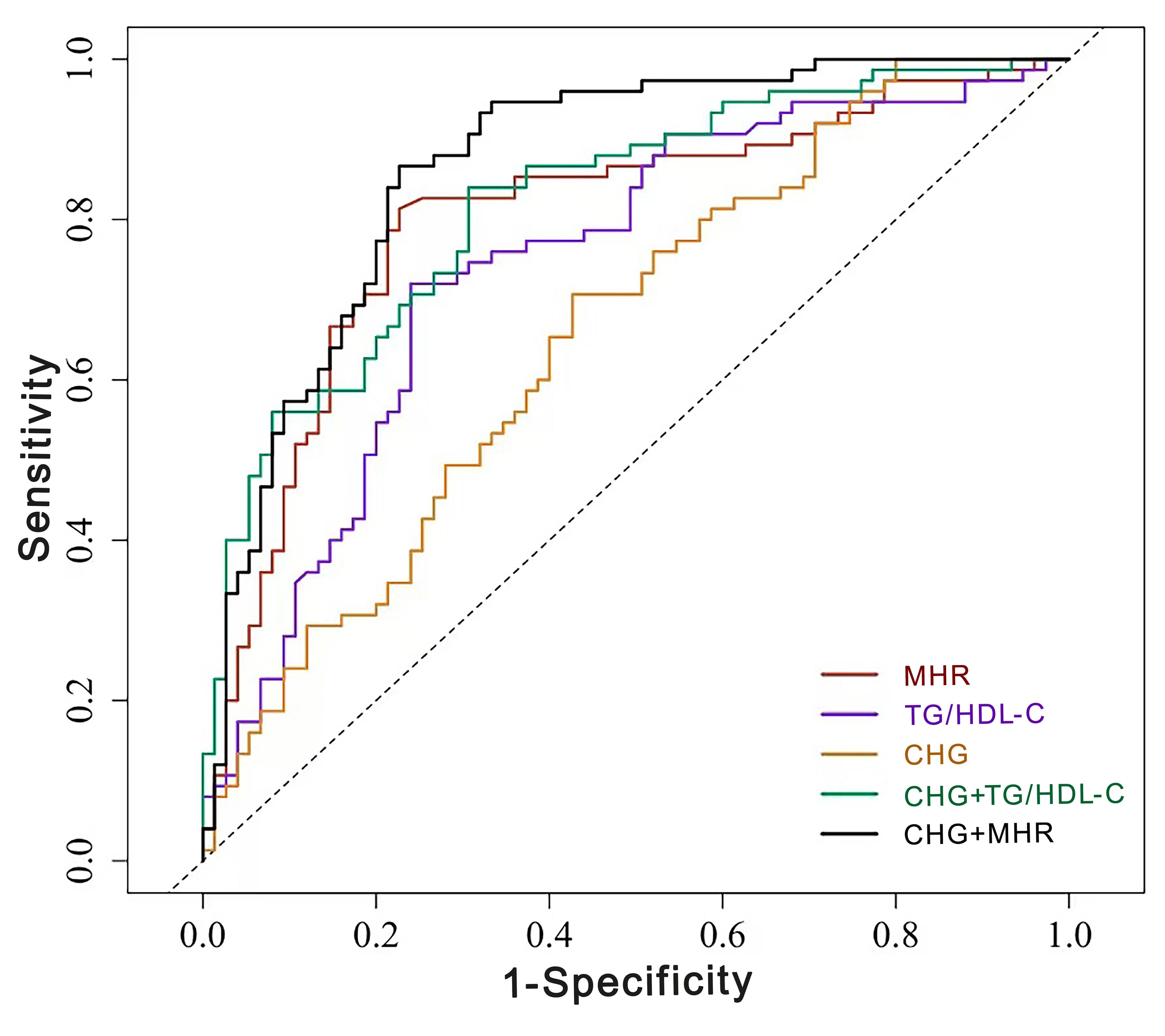 The AUCs of MHR, TG/HDL-C, CHG index, CHG + TG/HDL-C, CHG + MHR.