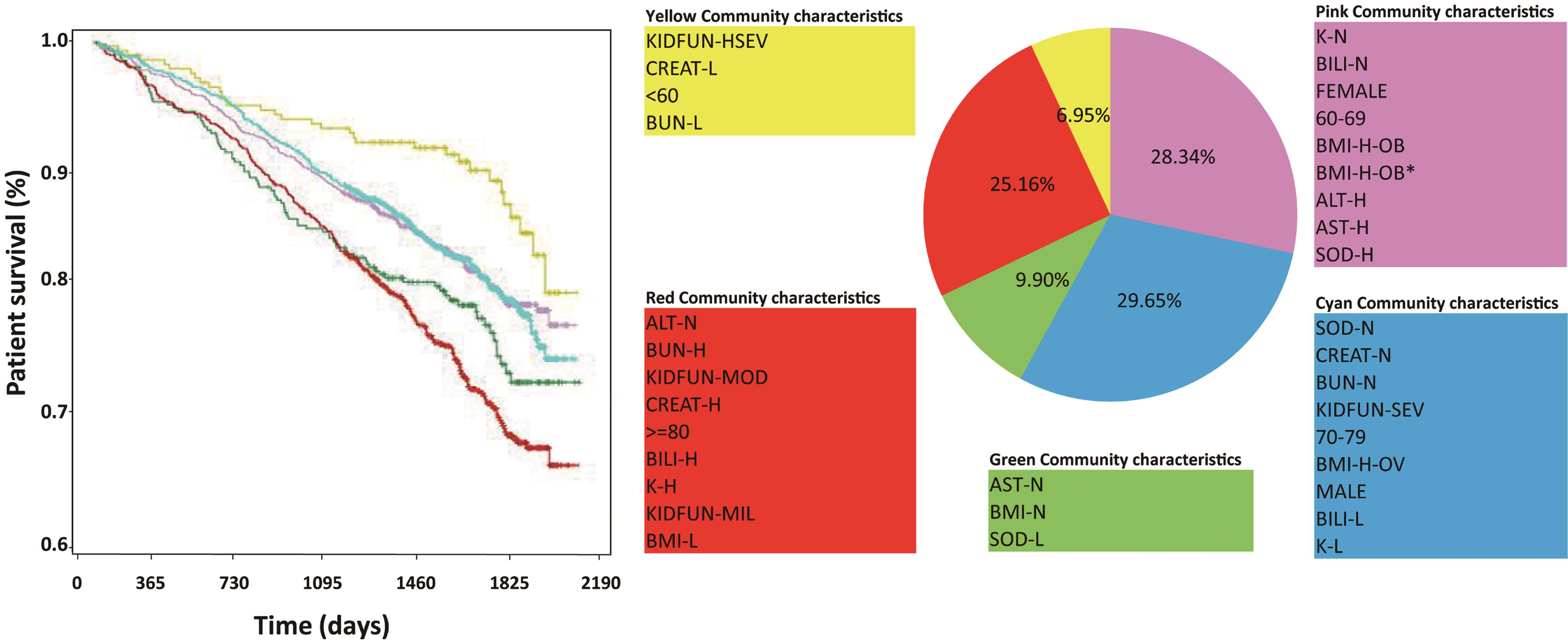 Communities found among Liver & kidney panel – Kaplan-Meier survival curve and defining medical variables.