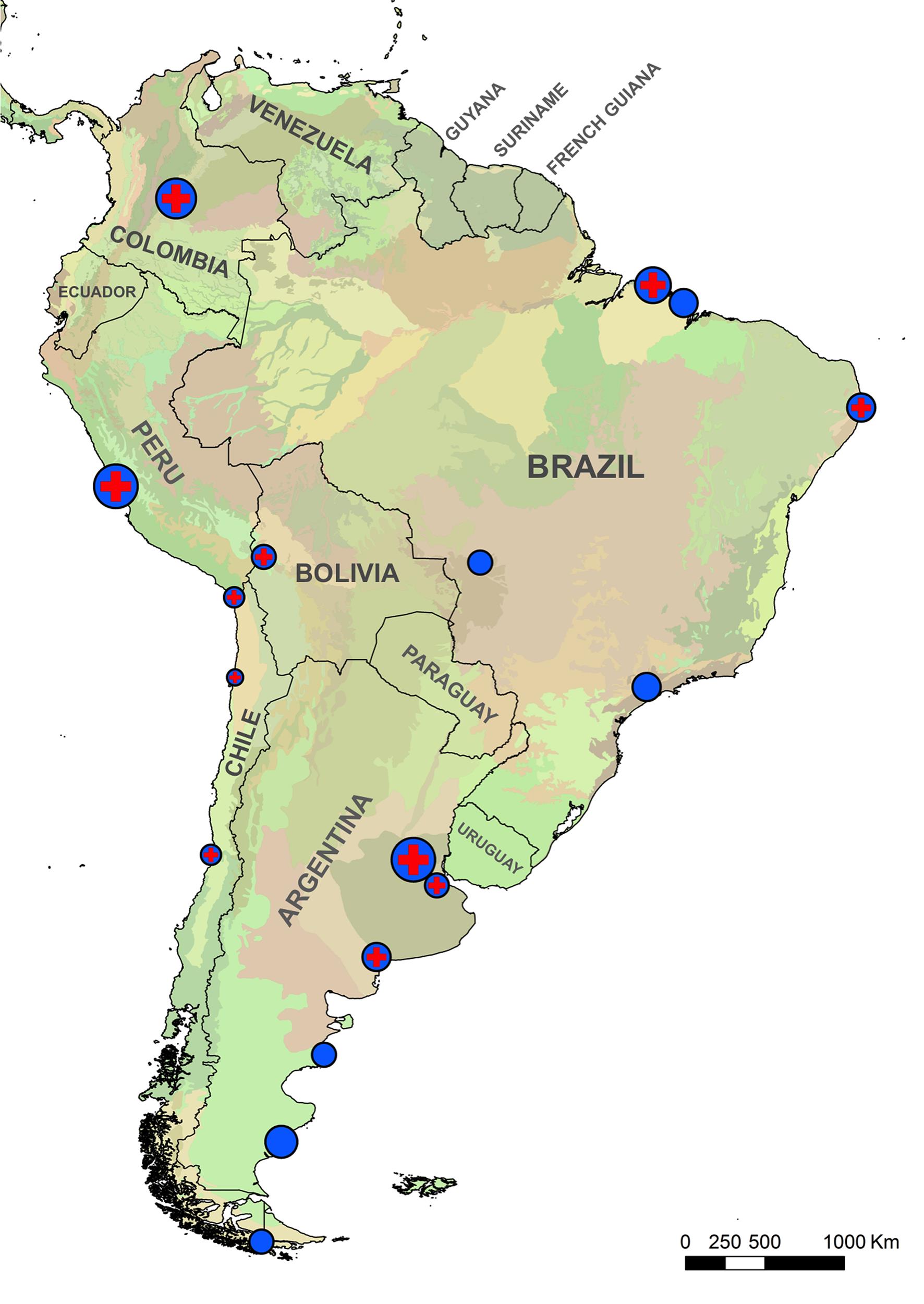 Geographic distribution of studies on the occurrence of AIV in wild birds in South America, 2006–2016.
