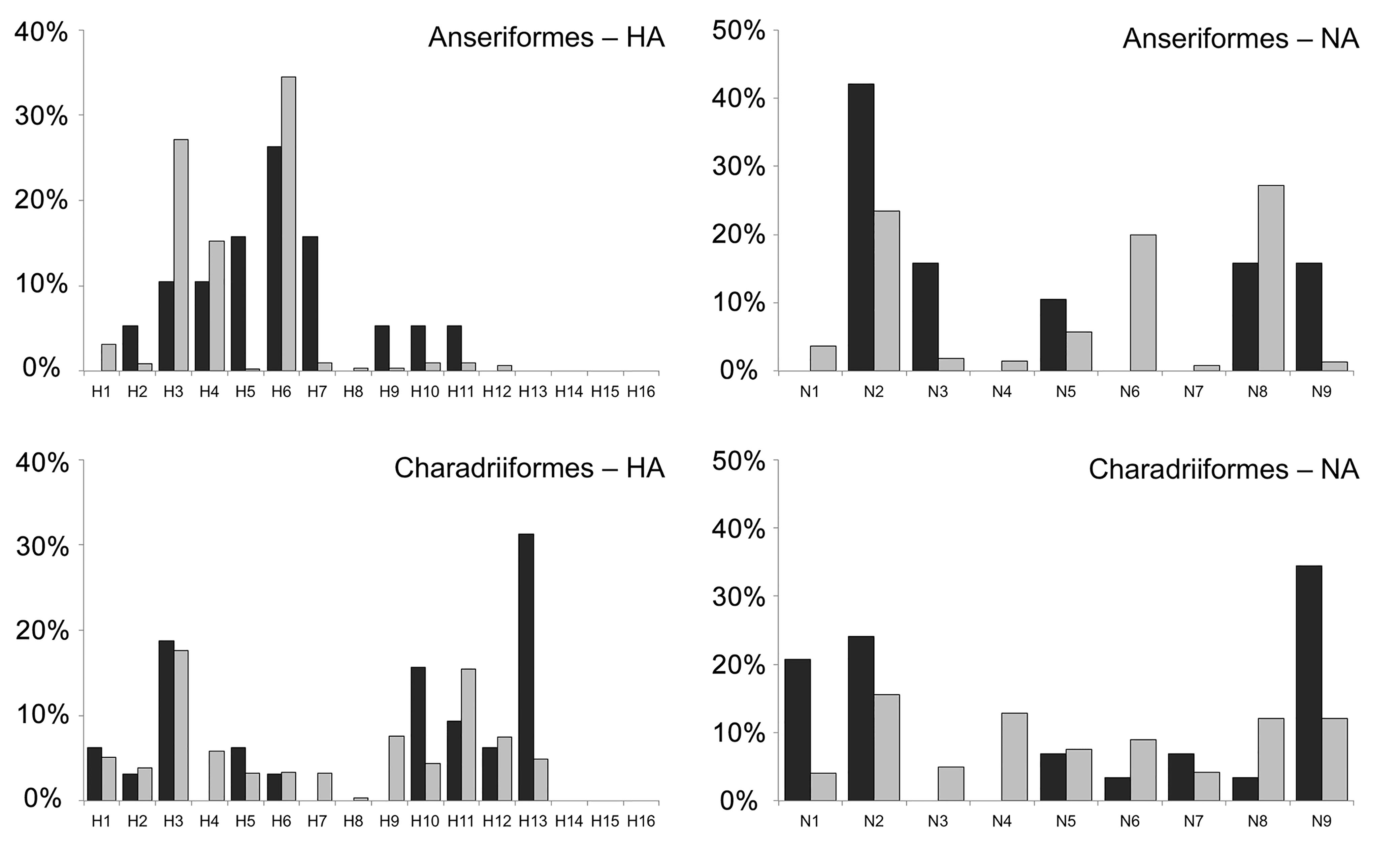 Distribution of published AIV strains retrieved from wild Anseriformes and Charadriiformes in South America from 2006 to 2016, in relation to the subtypes of hemagglutinin (HA) and neuraminidase (NA).