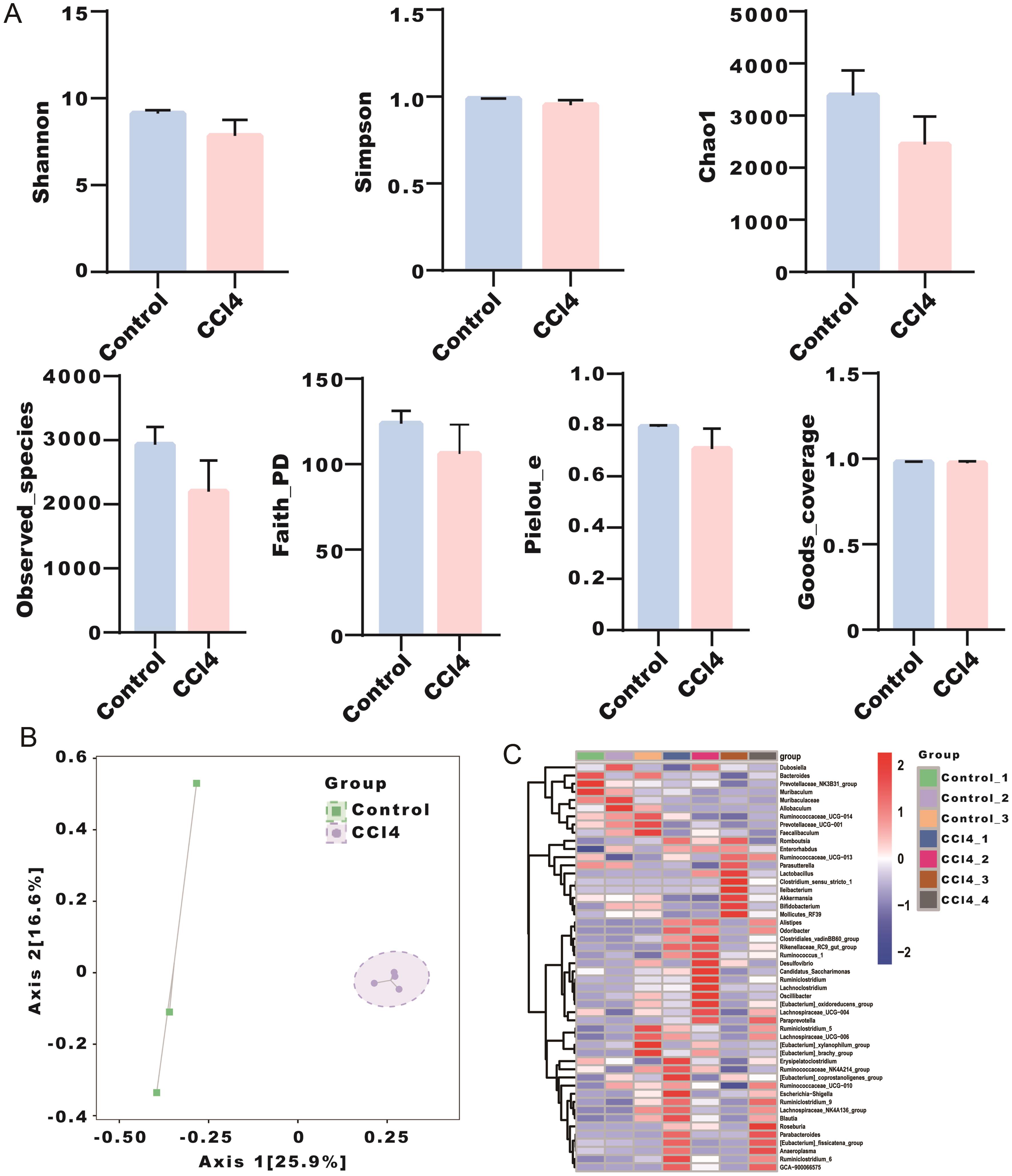 Comparisons of alpha and beta diversity between control and CCl4-induced liver cirrhosis mice.