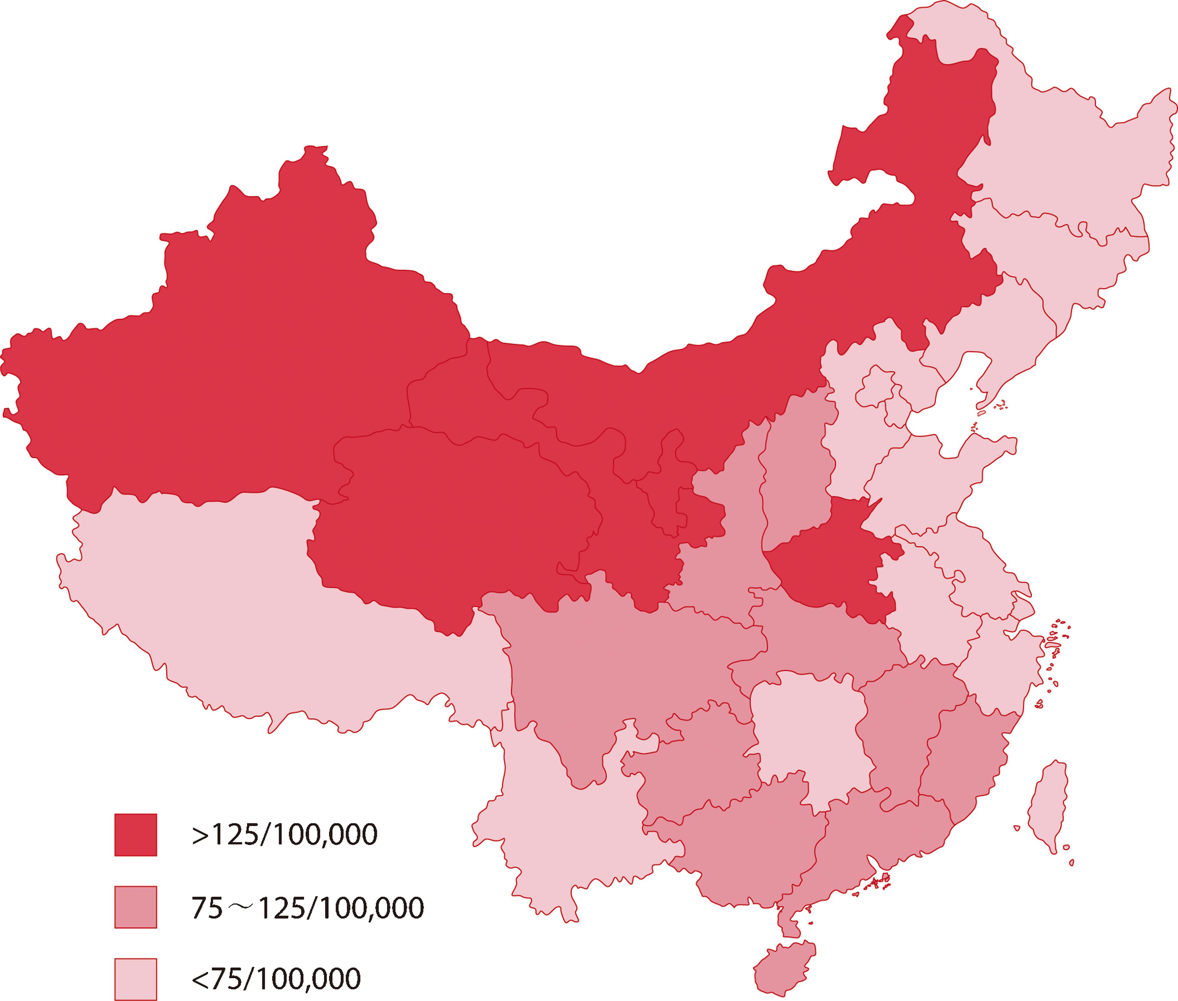 The distribution of mean reported incidence of hepatitis B in 31 provinces of China between 2005 and 2010.
