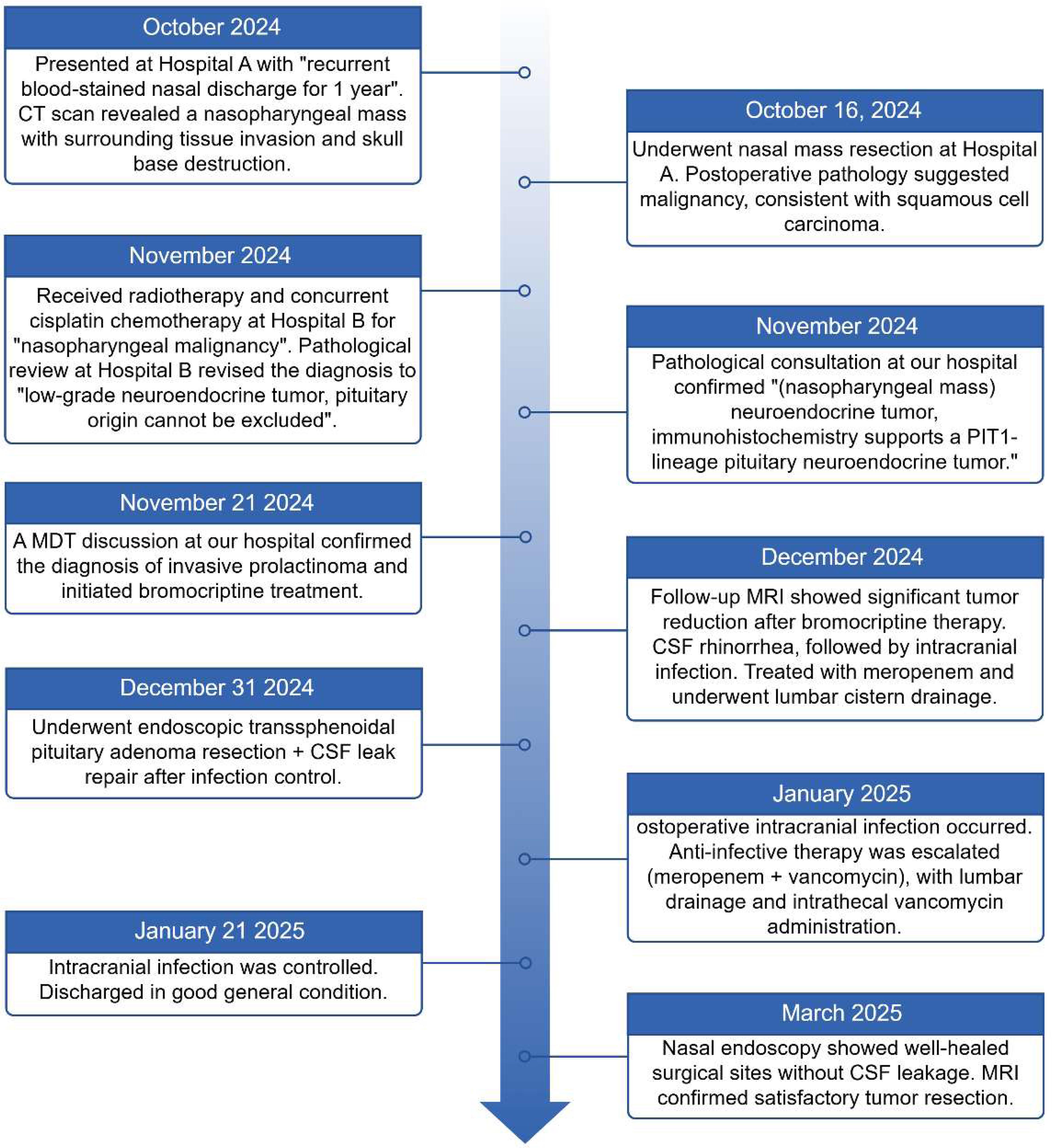 Diagnostic and therapeutic timeline of the patient’s clinical course.