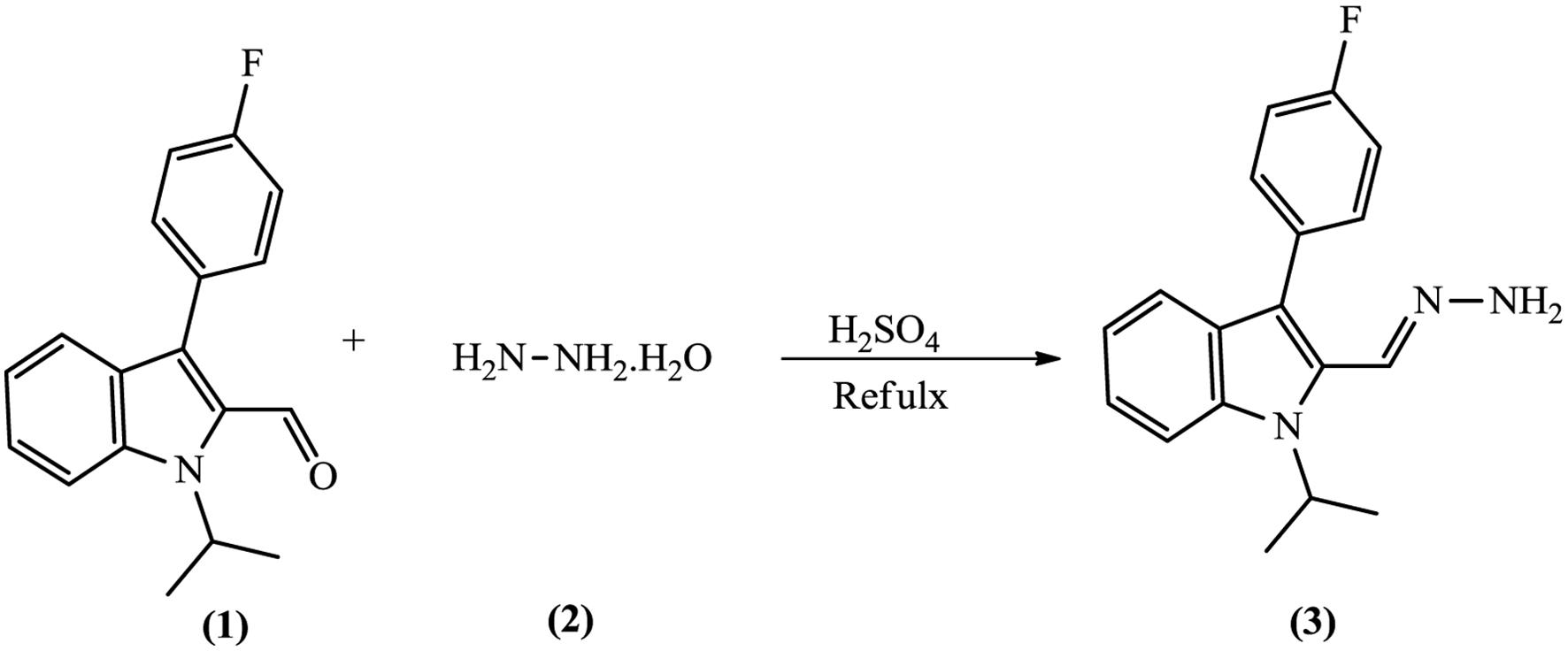 Synthesis of [1-((3-(4-fluorophenyl)-1-isopropyl-1H-indol-2-yl)methylene) hydrazine] ligand.