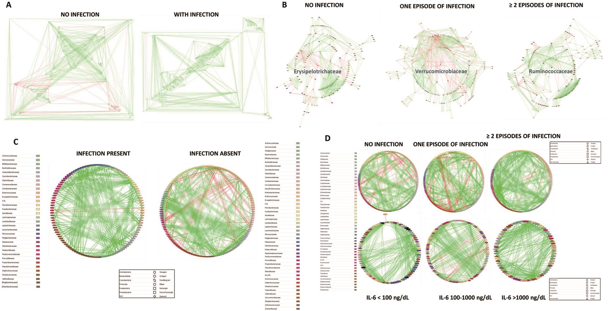 Network analysis showing topology and interactions between bacterial taxa in patients with cirrhosis grouped by clinical or investigational variables.