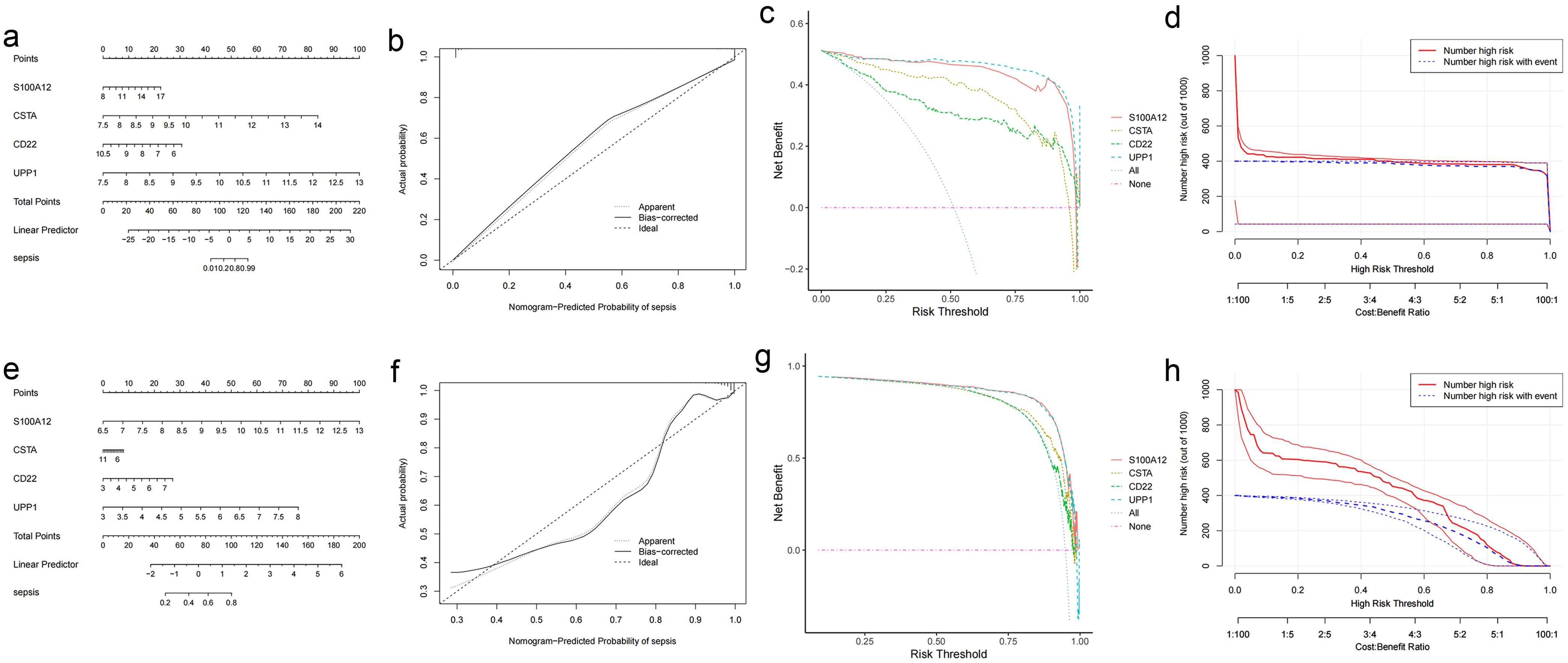 Nomogram, decision curve analysis (DCA), and clinical impact curve (CIC) of the diagnostic model.