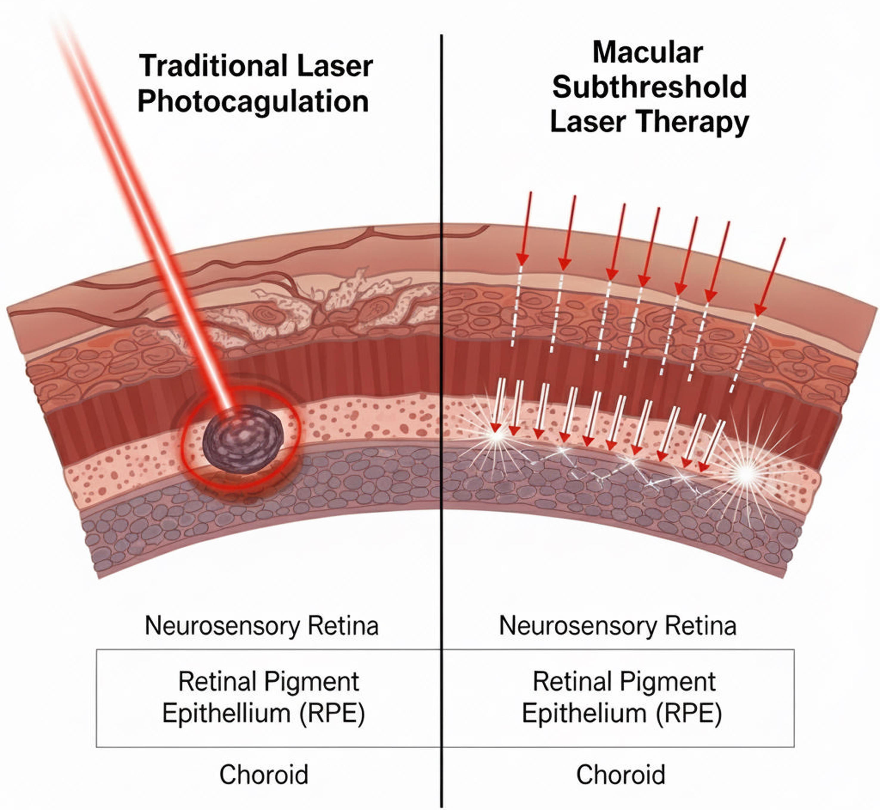 Comparison of traditional retinal photocoagulation and macular subthreshold laser therapy.
