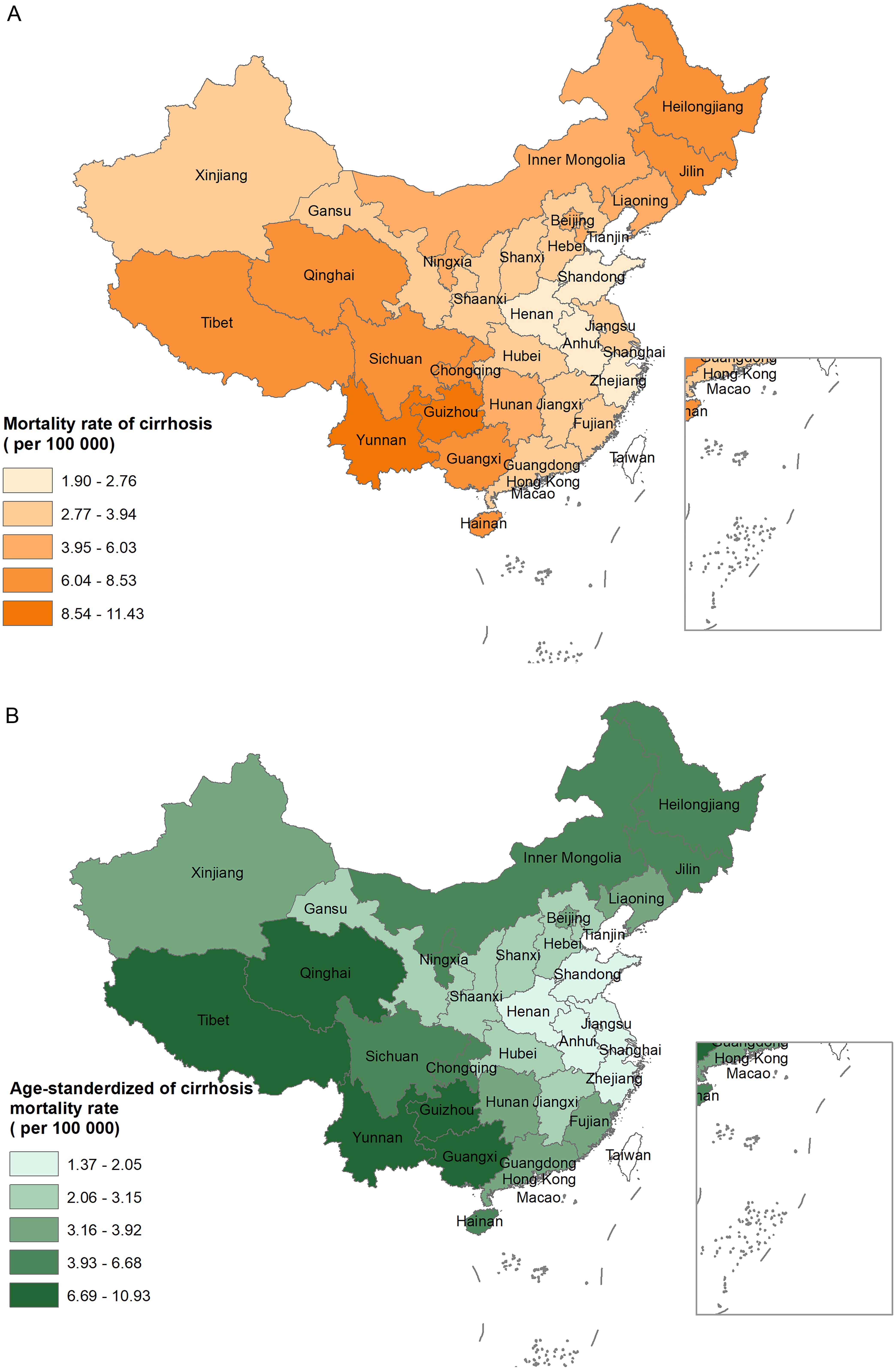 Crude mortality rates and age-standardized mortality rate in China (ASMRC) for both sexes in 2020, by province.