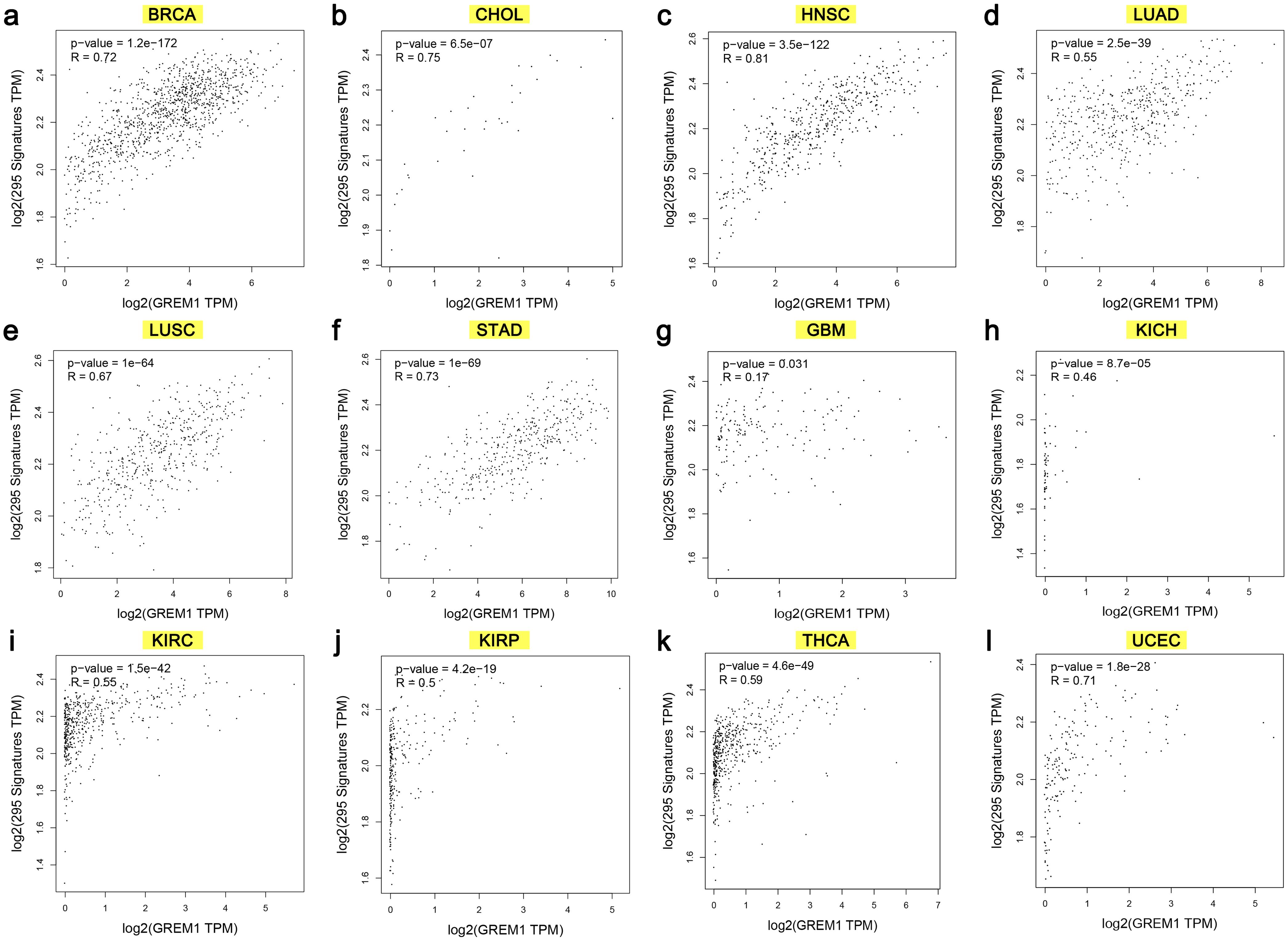 Correlation of fibrotic status and GREM1 expression in 12 cancer types.