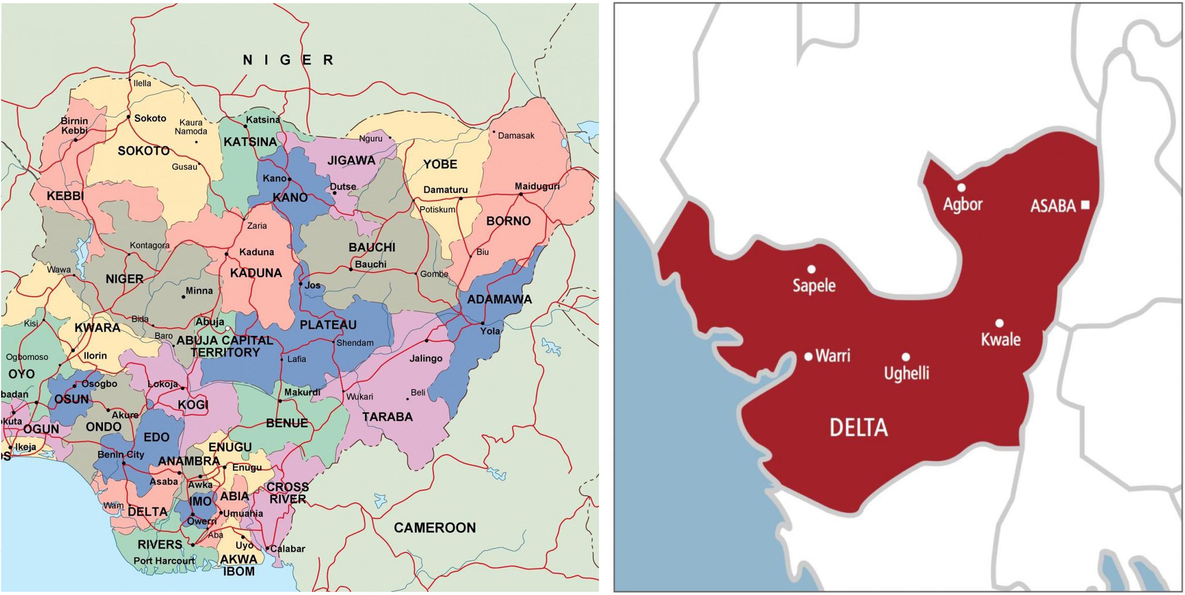 Map of Nigeria and Delta State in Nigeria (Britannica.com; maps-nigeria.com)