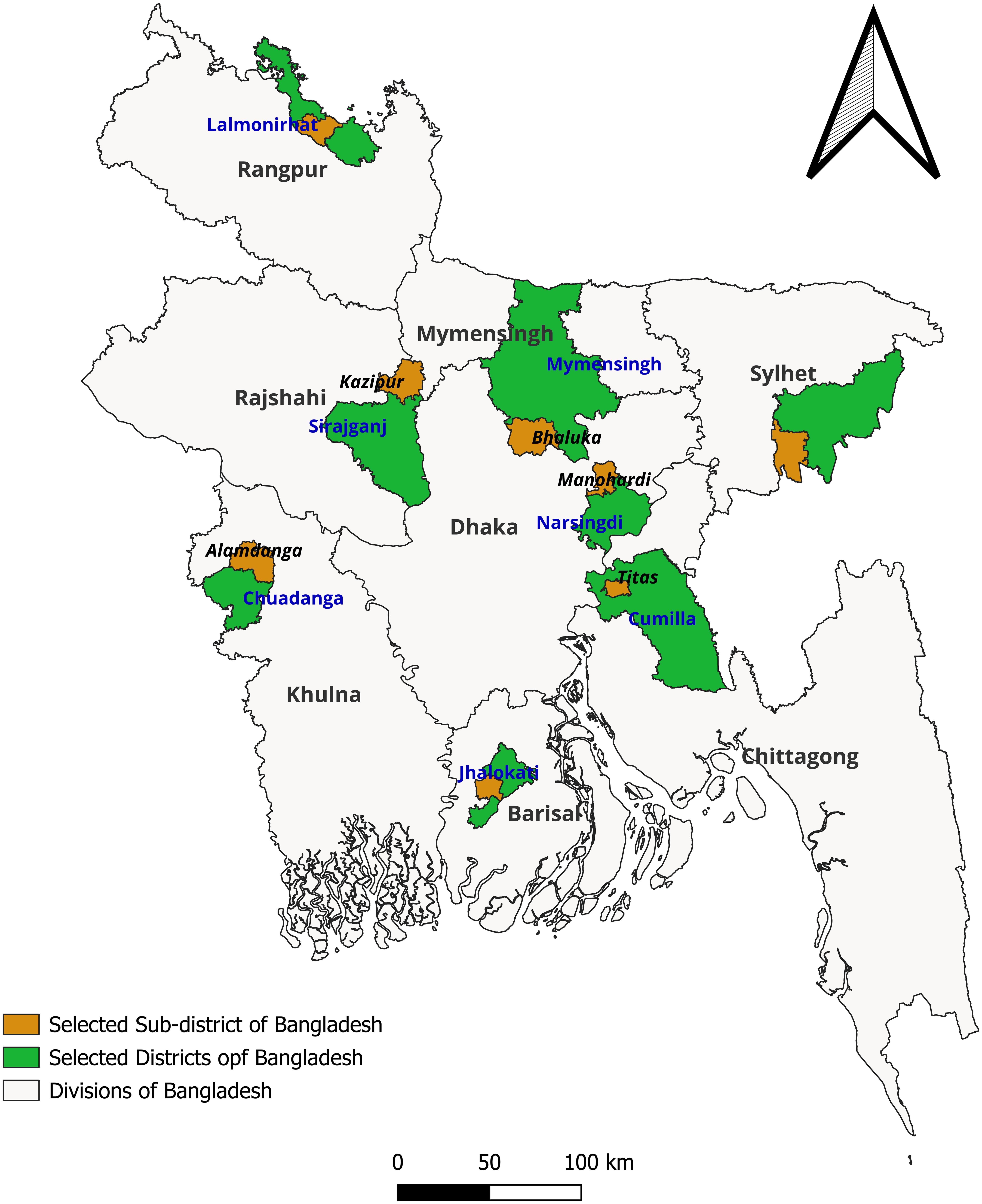 Map showed the geographical location of the study areas in eight divisions of Bangladesh.