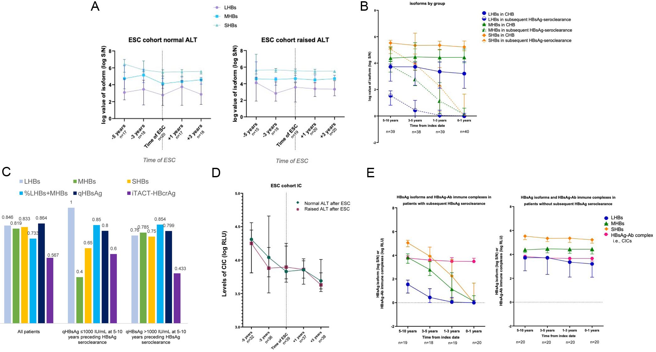 Serum levels of HBsAg isoforms in patients with chronic hepatitis B at different timepoints (A) before and after HBeAg seroclearance (B) with or without subsequent HBsAg seroclearance. (C) Values of area under the receiver-operating characteristic curve for HBV biomarkers five to ten years prior to HBsAg seroclearance, predicting subsequent seroclearance in all patients, in patients with qHBsAg ≤ 1,000 IU/mL, and in patients with qHBsAg > 1,000 IU/mL. (D) Levels of circulating immune complexes in chronic hepatitis B patients before and after HBeAg seroclearance. (E) Levels of HBsAg isoforms and circulating immune complexes in chronic hepatitis B patients with or without subsequent HBsAg seroclearance.