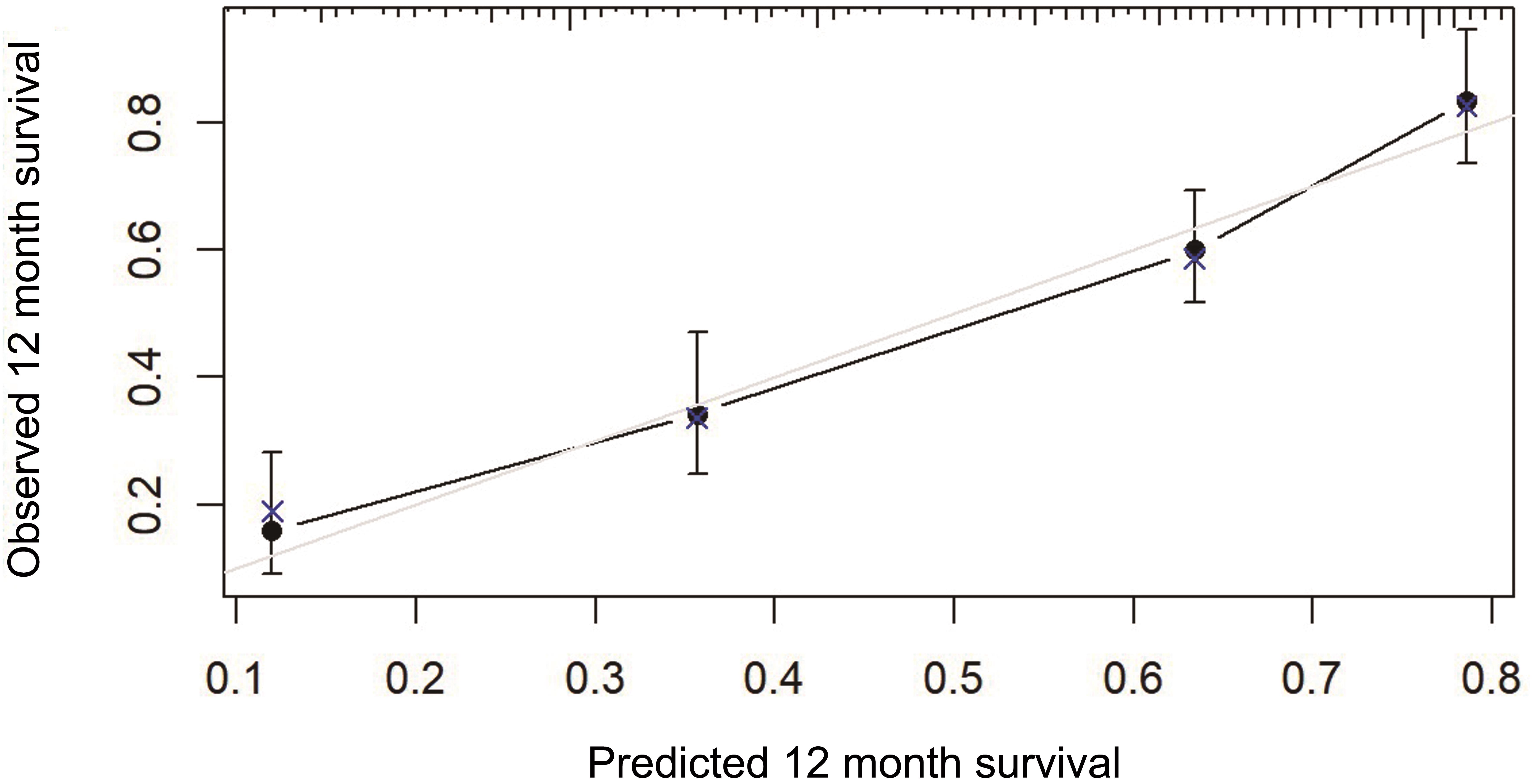 Calibration plot for the new nomogram associated with the prediction of 12-month survival.