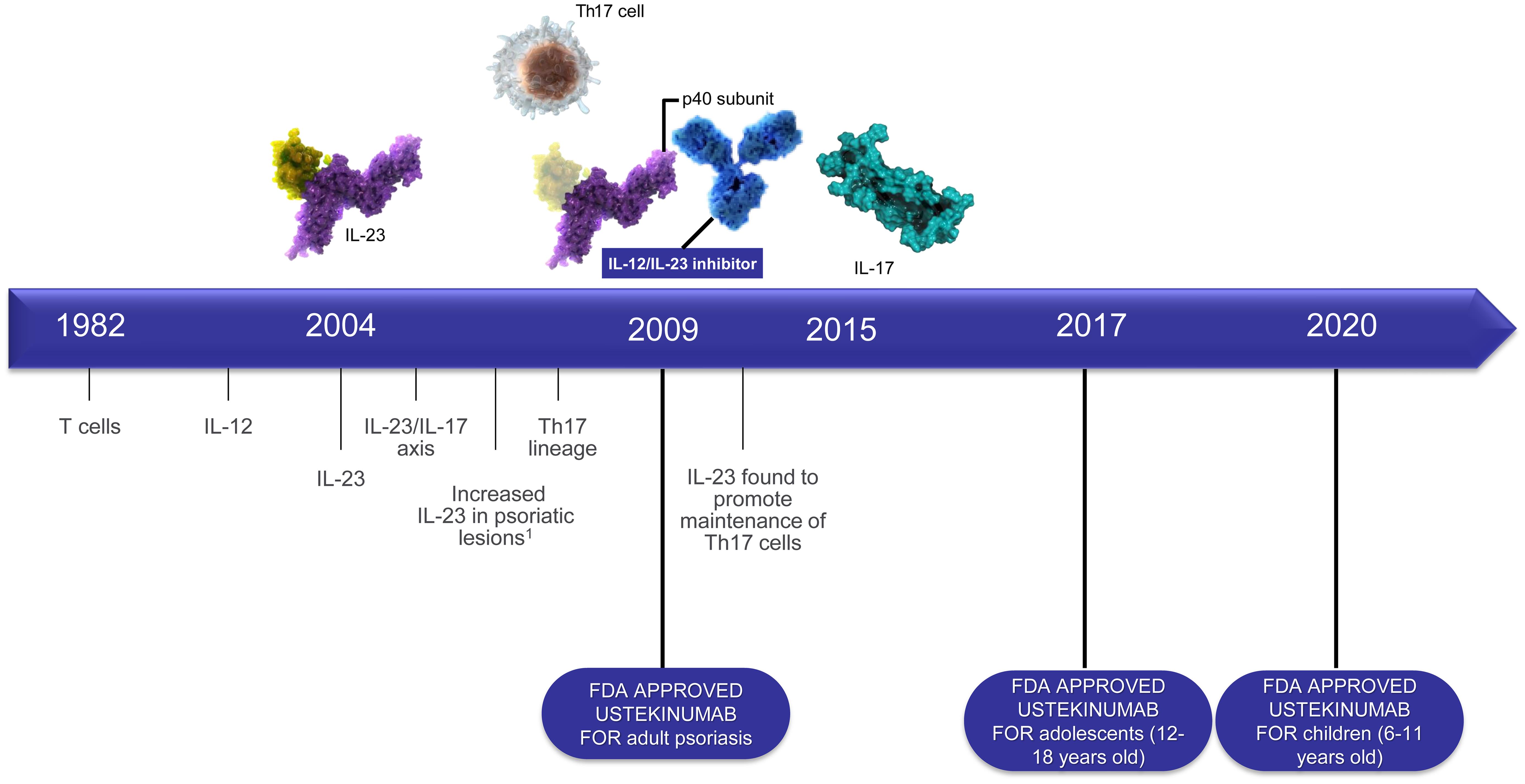 Timeline of the development and approval of ustekinumab for psoriasis.