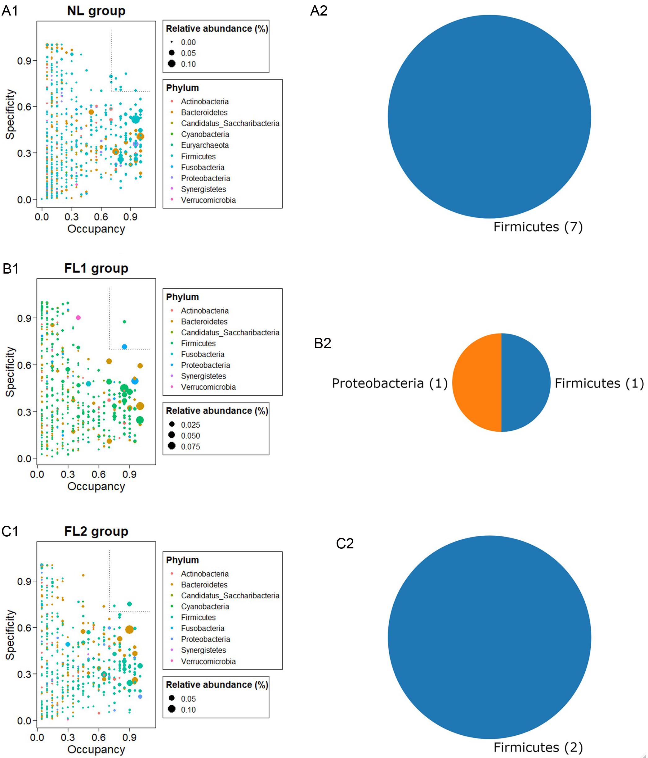 Specificity–occupancy plot of the phyla identified in the all-patient group.