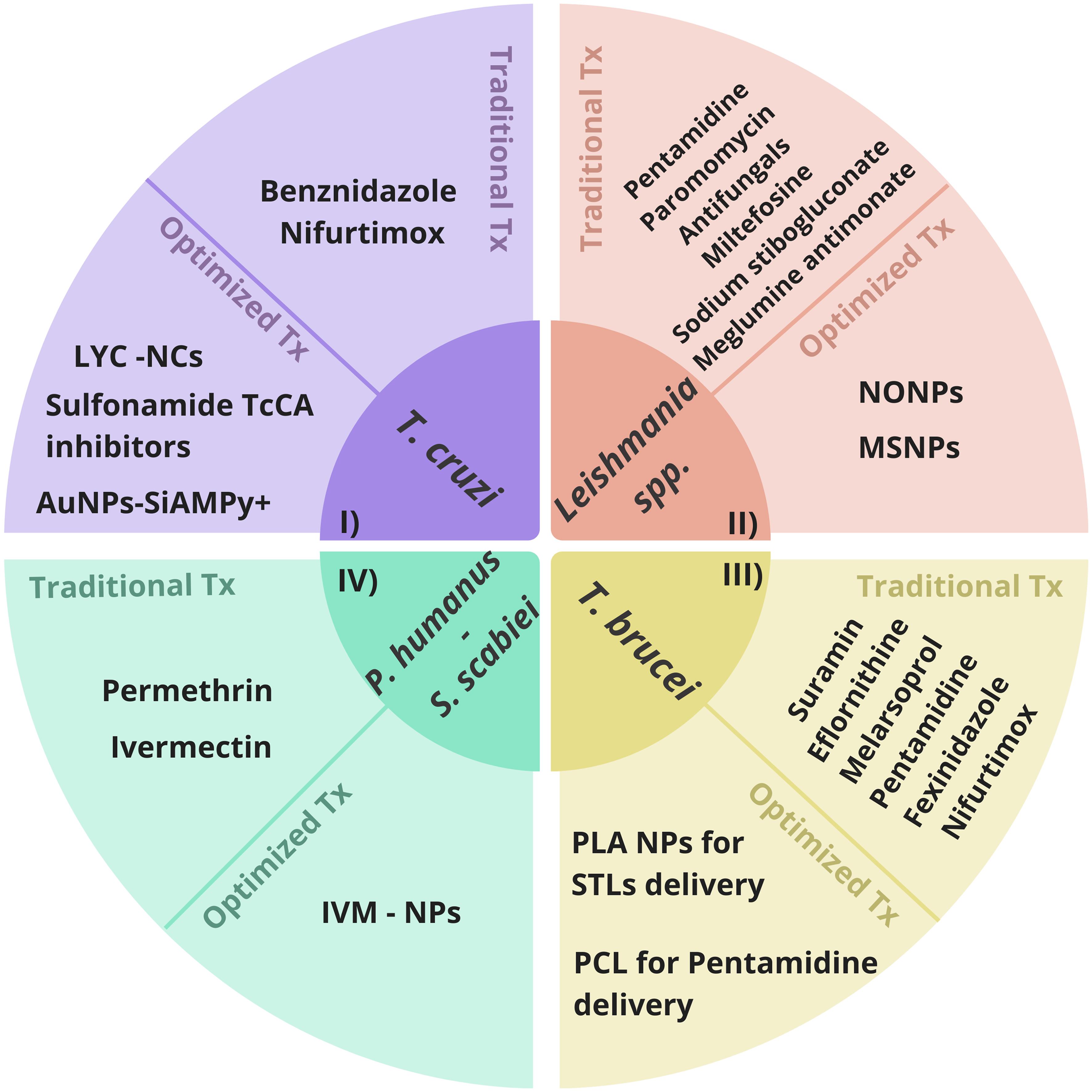 Traditional and optimized treatments for diseases caused by <italic>Trypanosoma cruzi</italic>, <italic>Leishmania</italic> spp., <italic>Trypanosoma brucei</italic>, <italic>Pediculus humanus</italic>, and <italic>Sarcoptes scabiei</italic>.