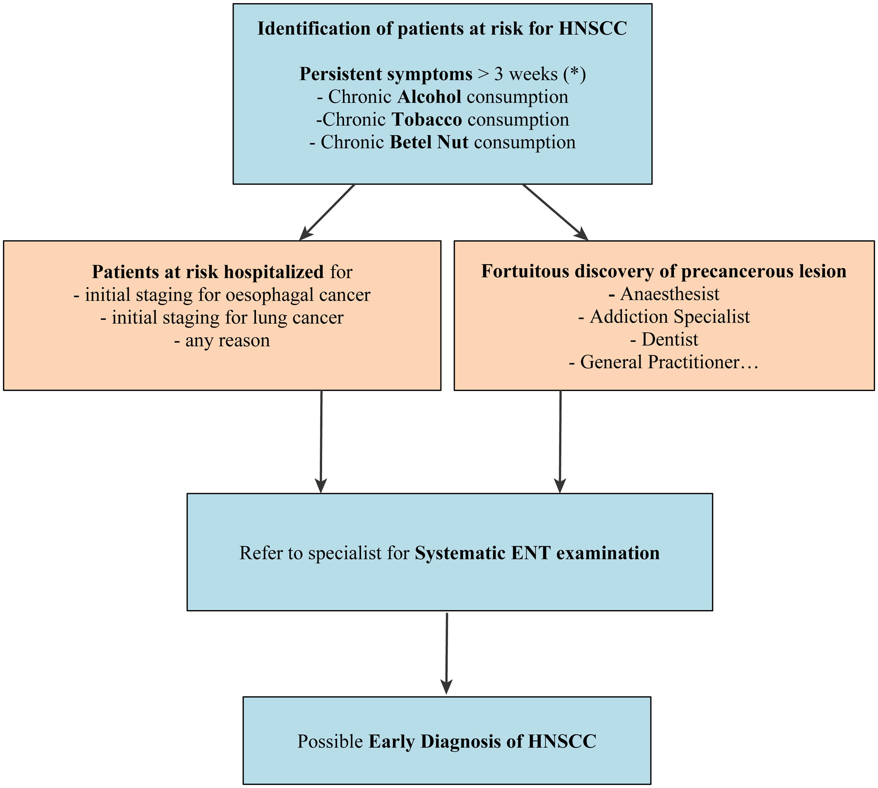 Possible patient pathways for early diagnosis of HNSCC.