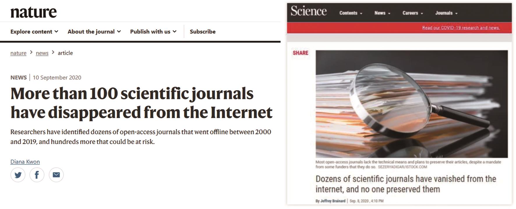 《自然》（左）与《科学》（右）杂志相继发表文章称大量科学期刊已从互联网上消失。