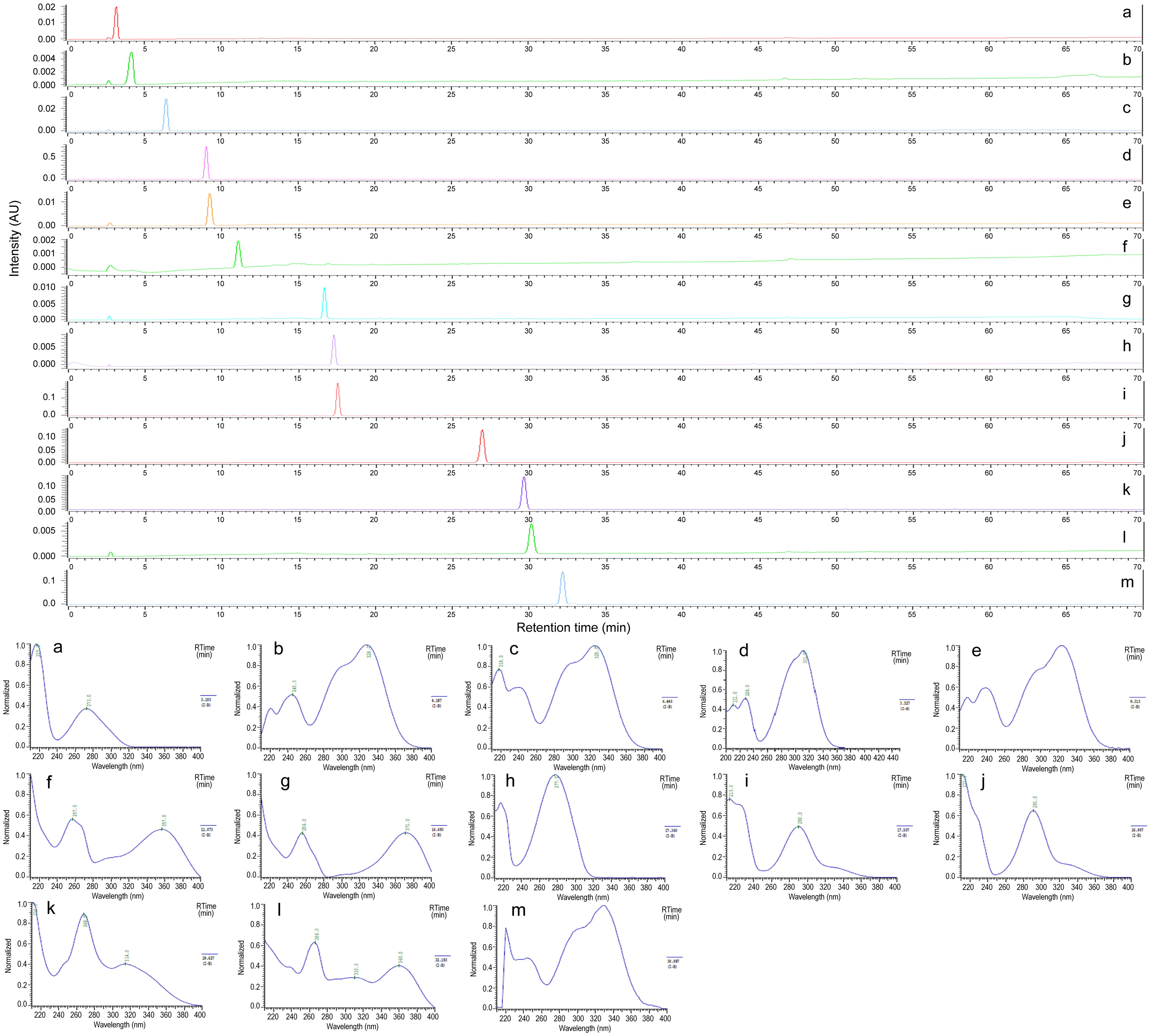 Chromatograms of standard materials: The relative chromatograms of reference standards and their UV spectra with retention times in minutes.