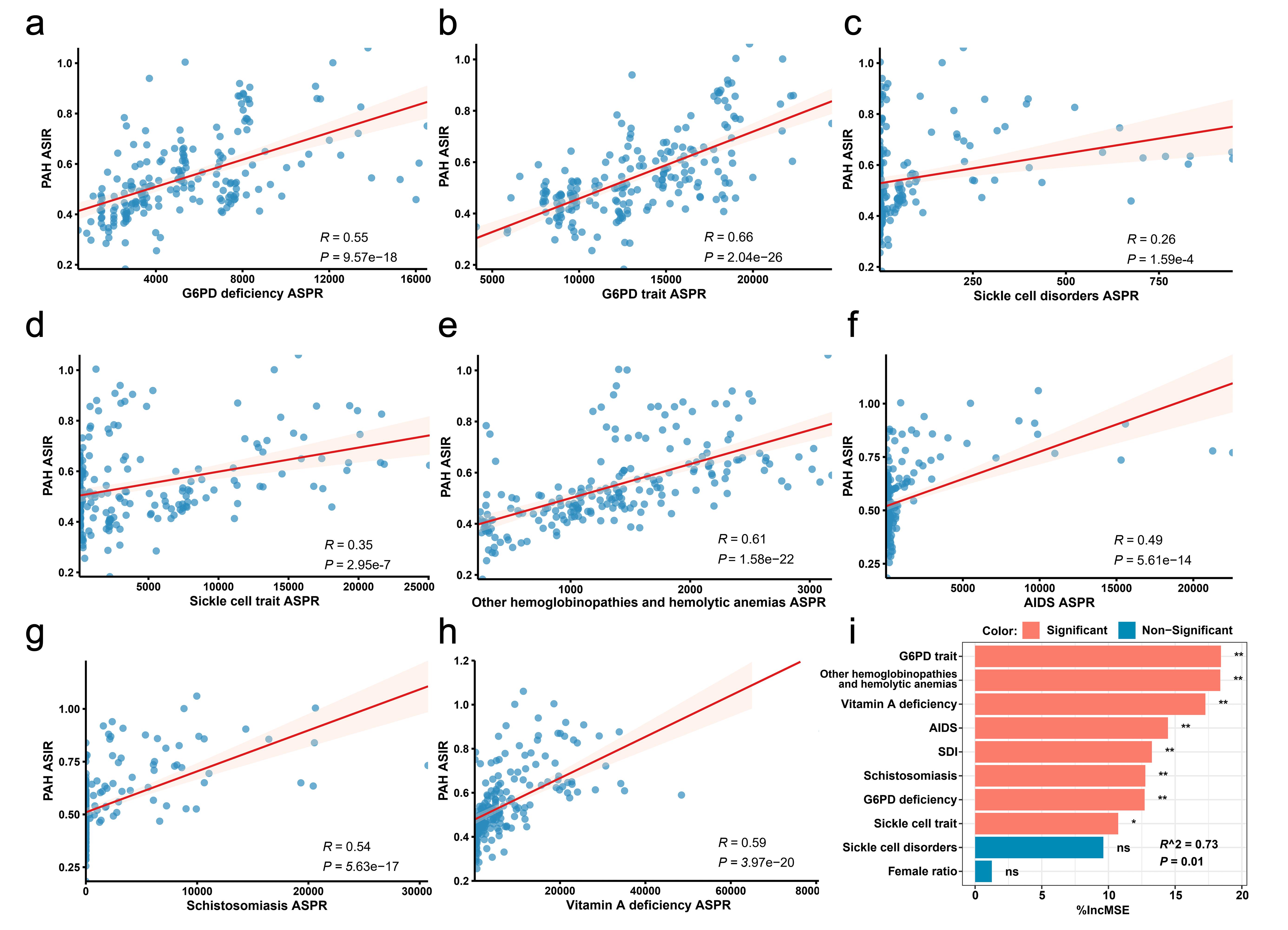 The impact of hemolysis-associated disorder subtypes on PAH burden: Pearson correlation and random forest analyses.