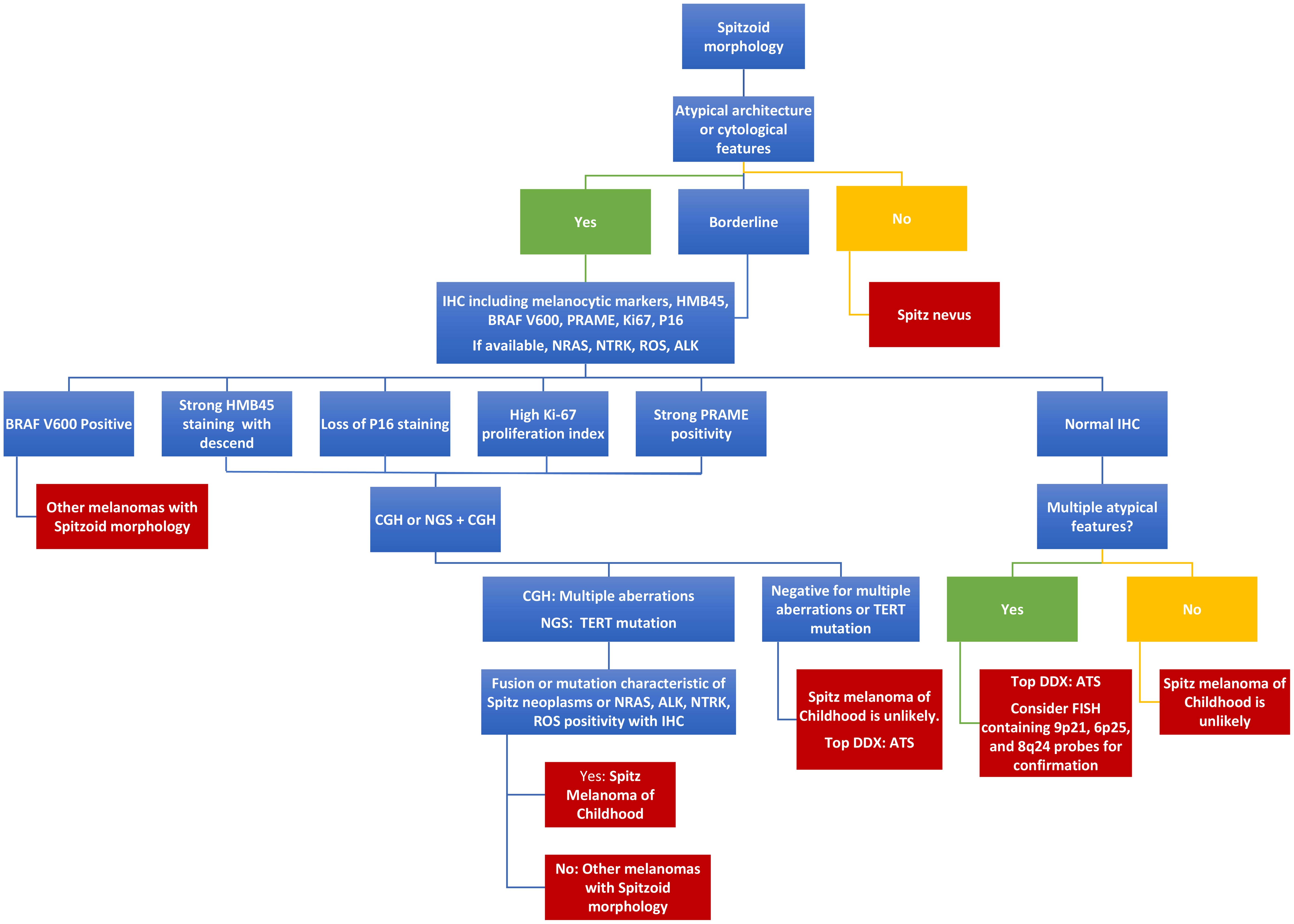 Diagnostic flowchart for the evaluation of pediatric melanocytic neoplasms with Spitzoid histology.