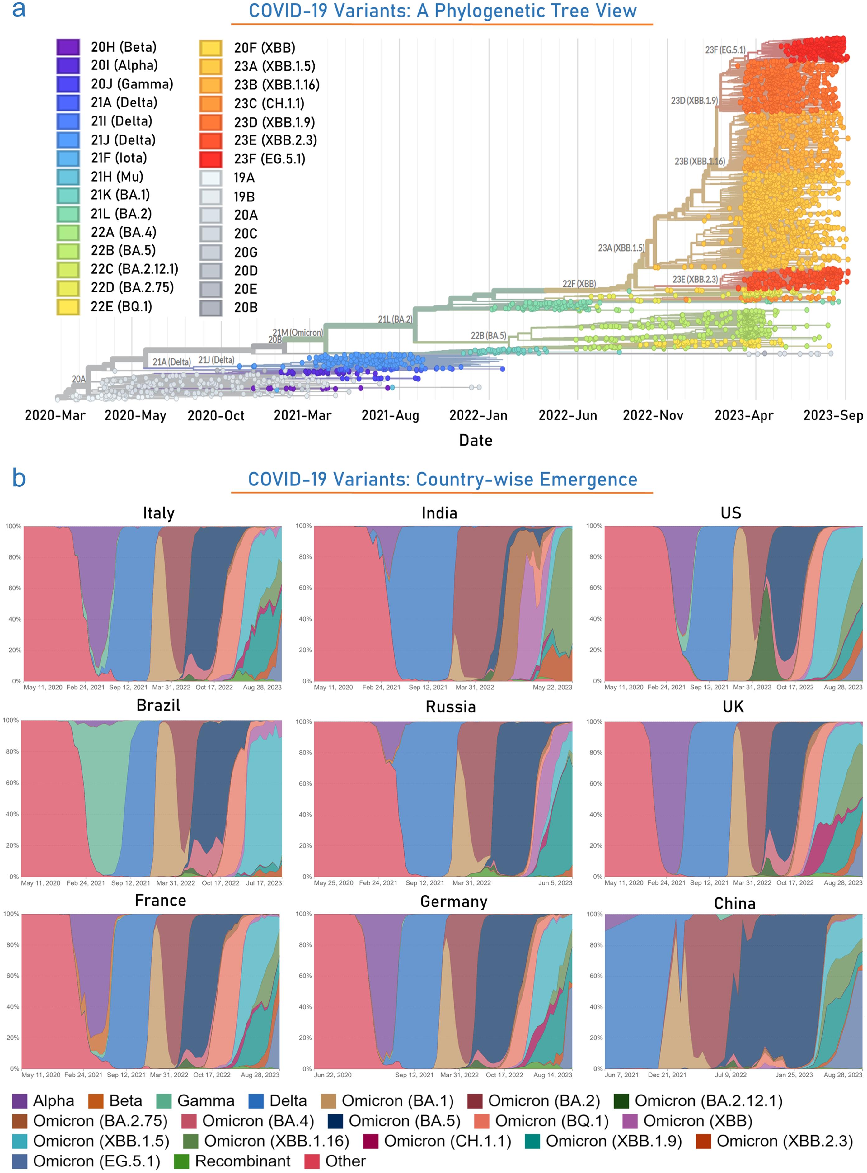 Representation of up-to-date emerging VOCs in the Phylogenetic tree and their emergence in top-most countries from March 2020 to September 2023.