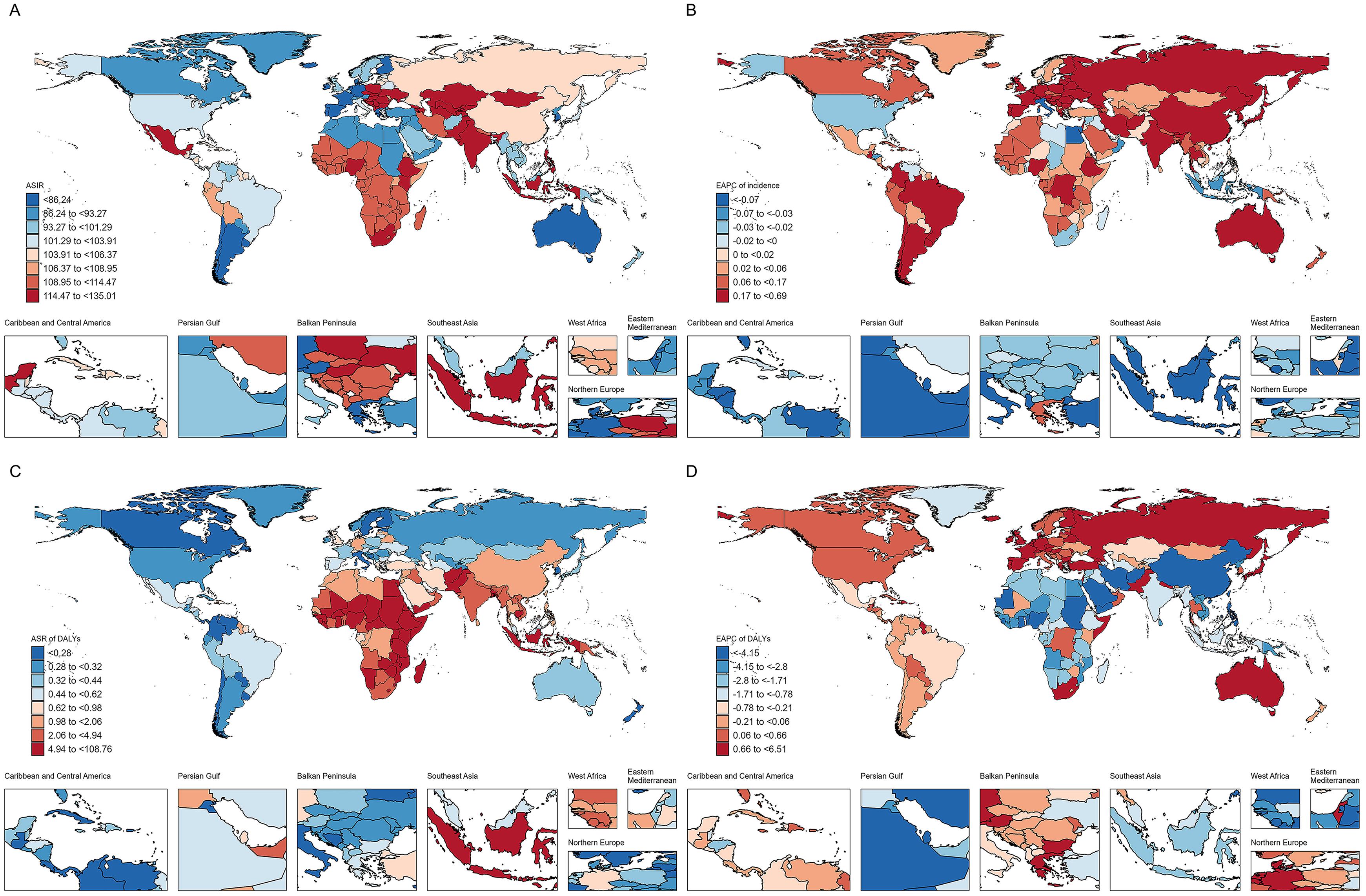 (A) ASR of incidence in 2021; (B) Trend (EAPC) in ASR of incidence from 1990 to 2021; (C) ASR of DALYs in 2021; (D) Trend (EAPC) in ASR of DALYs from 1990 to 2021 for AHE in the elderly across 204 countries and territories.