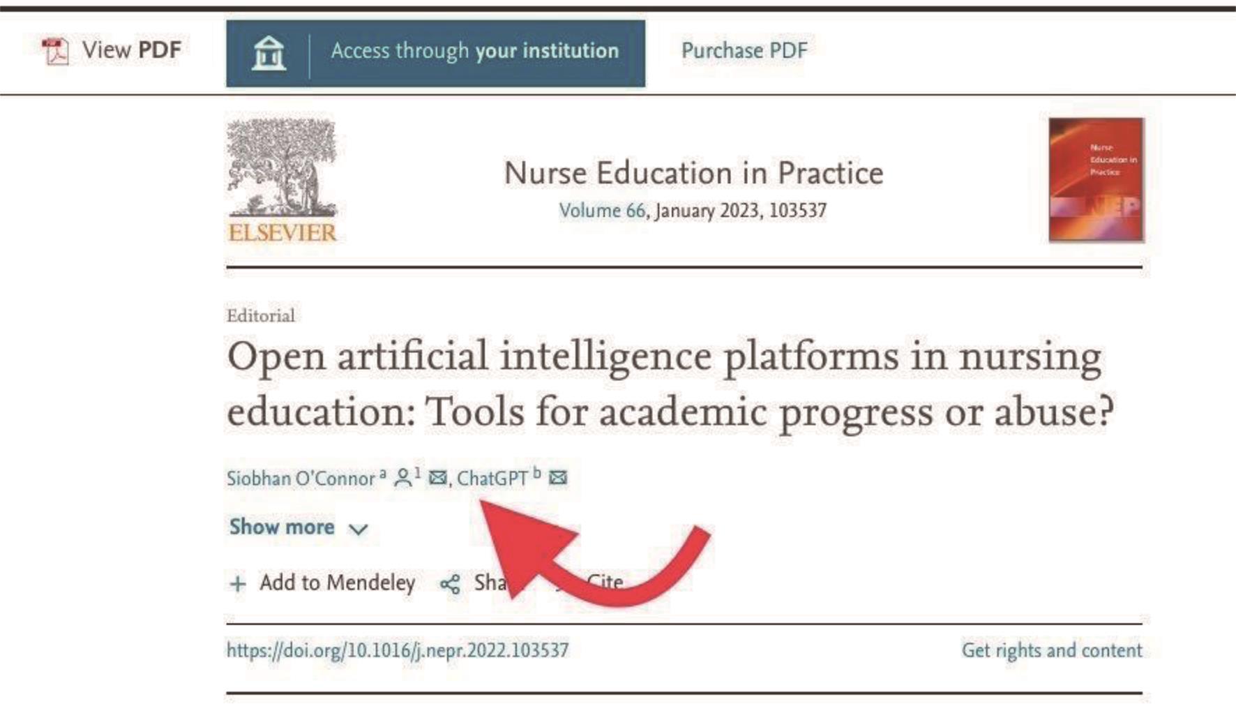 发表在 2023年1月的 Nurse Education in Practice的这篇论文的题目是《护理教育中的开放人工智能平台：学术进步的工具？还是滥用？》（Open Artificial Intelligence Platforms in Nursing Education: Tools for Academic Progress or Abuse?）这是和 ChatGPT联署的期刊论文（图片来源第1篇 ChatGPT联署期刊论文 – 教育技术学自留地 (jiaojianli.com)）。