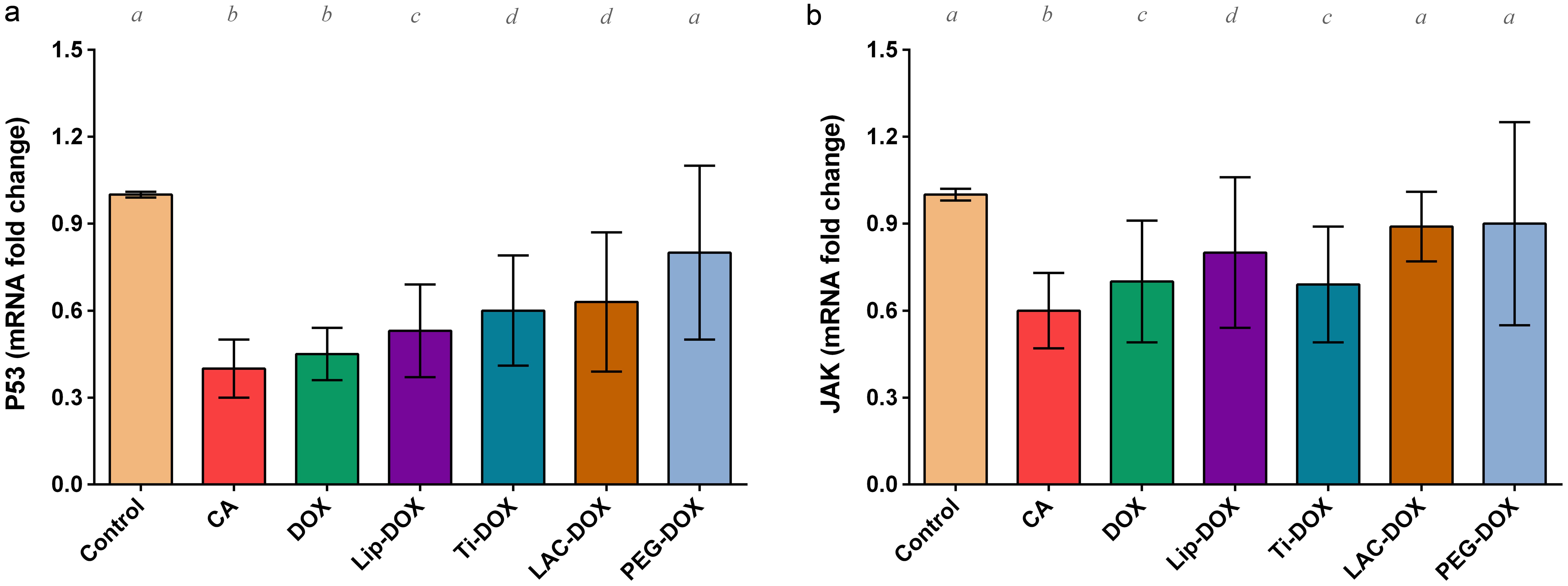 Impact of doxorubicin (DOX), DOX-loaded titanium NPs (Ti-DOX), DOX-loaded lactoferrin NPs (Lac-DOX), DOX nanoparticles (DOX-NPs), and PEGylated DOX (PEG-DOX) on kidney <italic>P53</italic> and <italic>JAK2</italic> gene expression after 3-methylcholanthrene (CA) intoxication.
