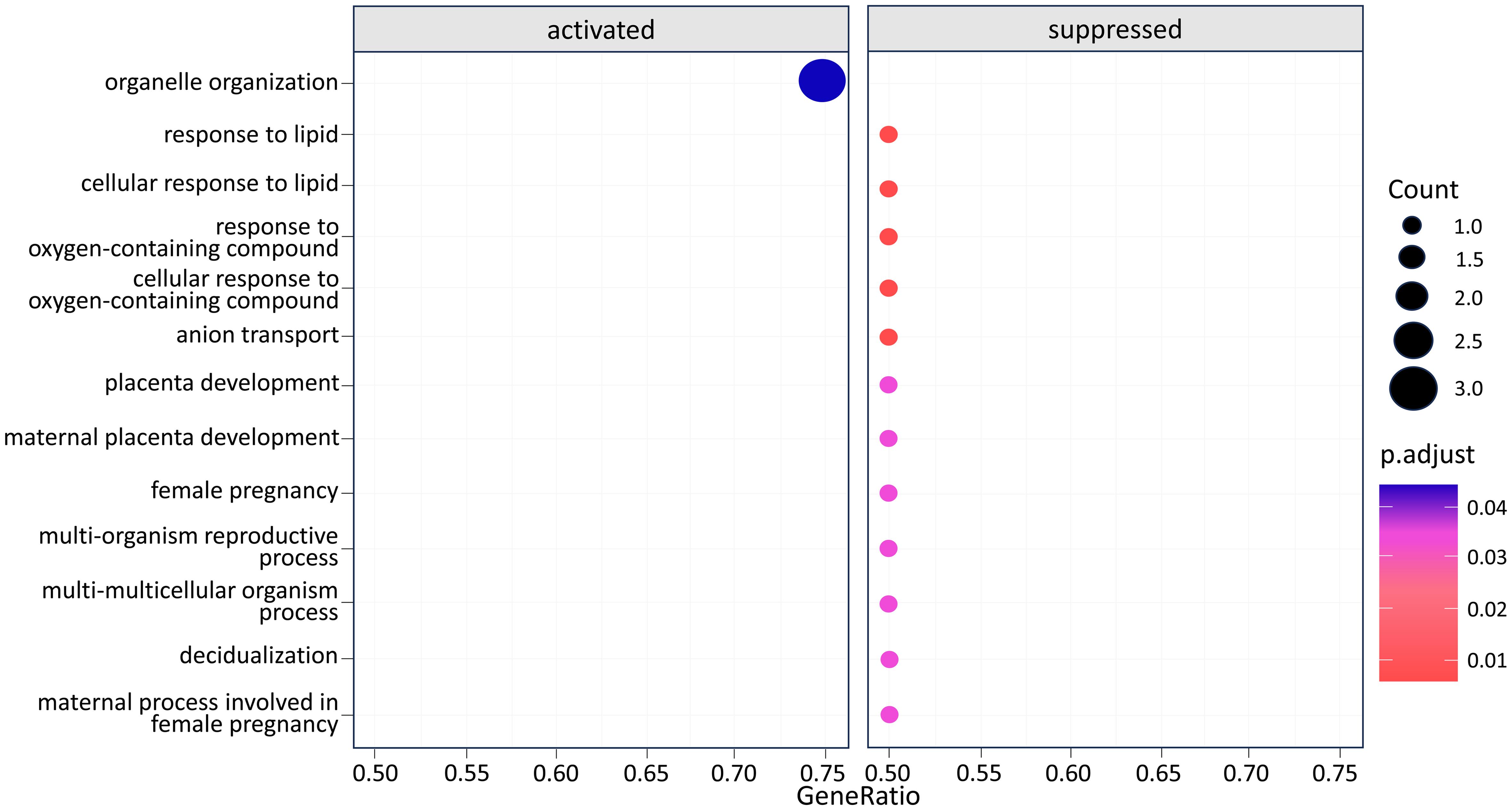 Pathway Enrichment Plot where organelle organization is found to be highly influenced by the dysregulated genes.